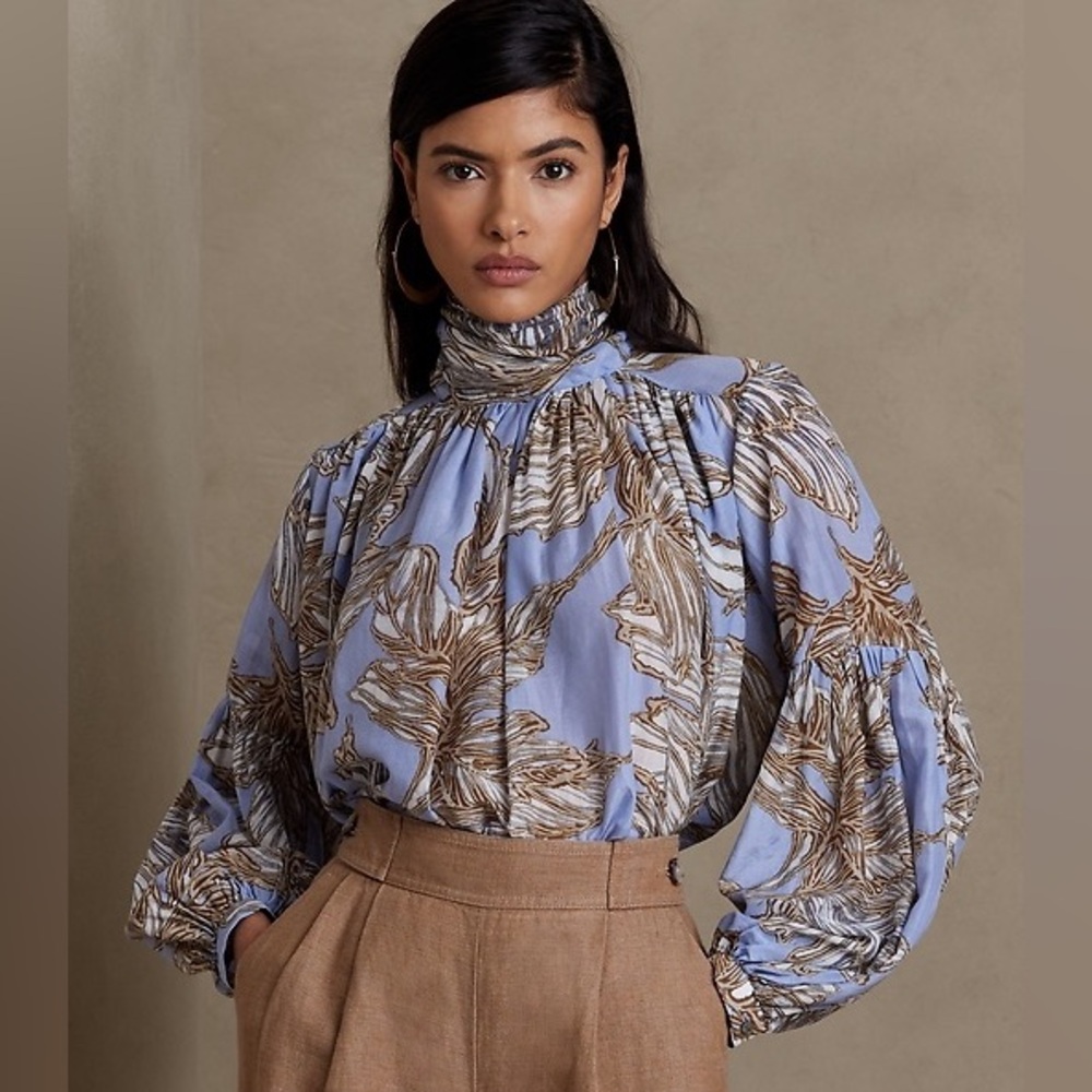 Banana Republic Natali Cotton-Silk Blouse Balloon Sleeves Blue Tropical Print
